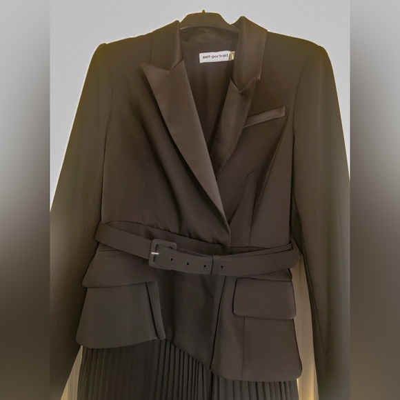 Self-Portrait Tailored Crepe and Chiffon Midi Dress in Black - Picture 10 of 16